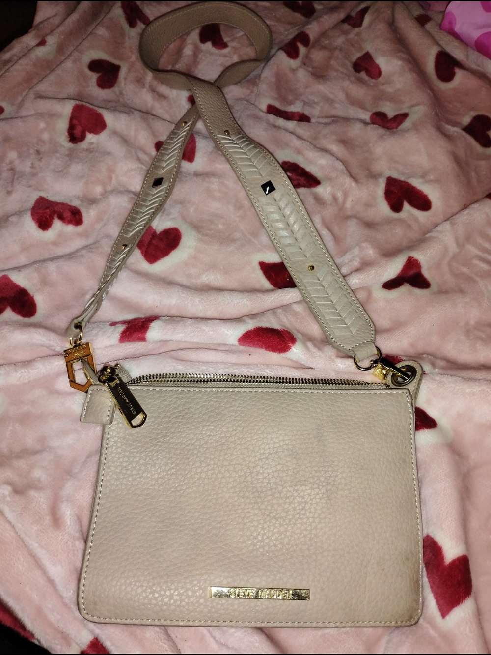 Steve Madden Beige Leather Crossbody with Decorative Wide Strap